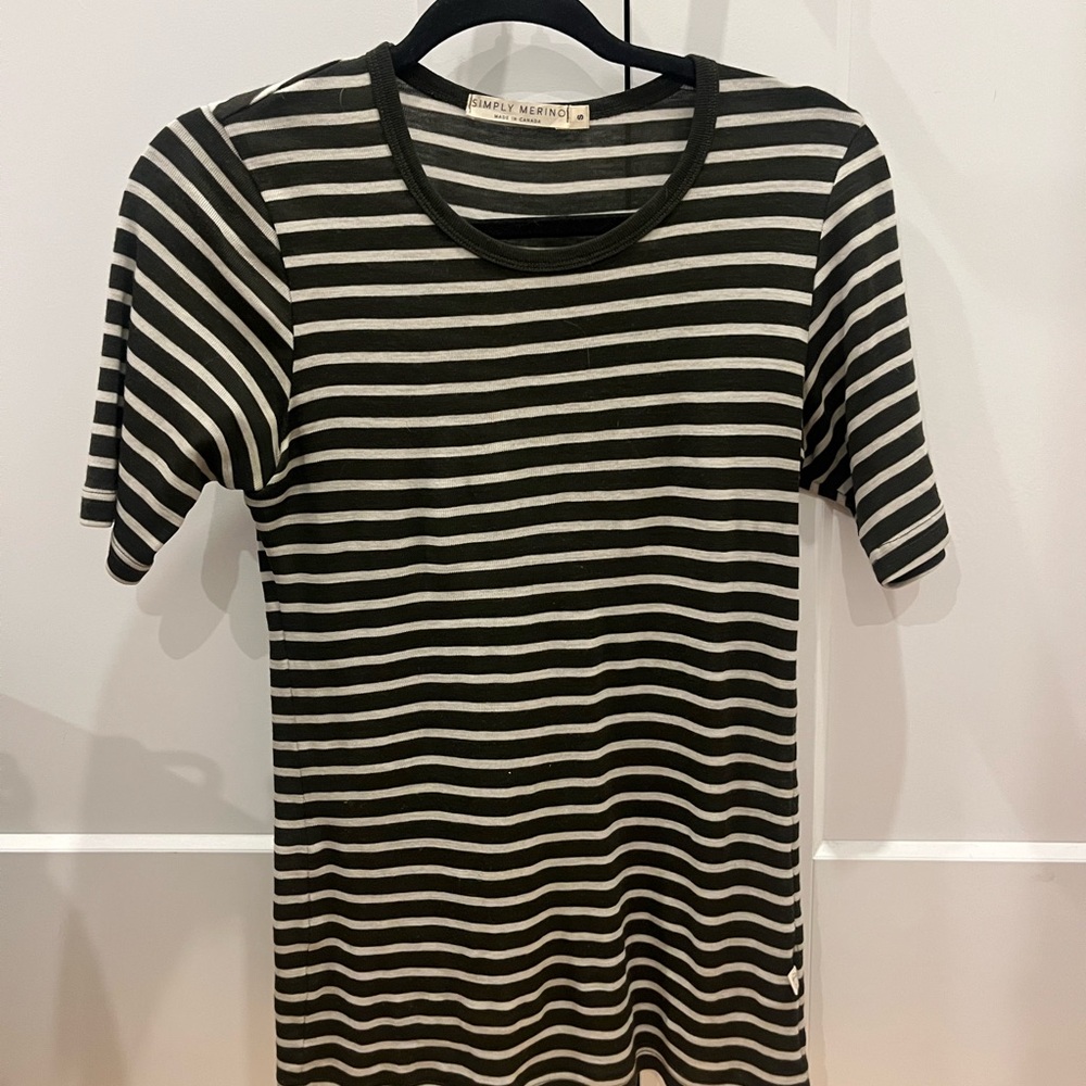 Simply Merino Dark green and Cream Striped Merino Short Sleeve Top